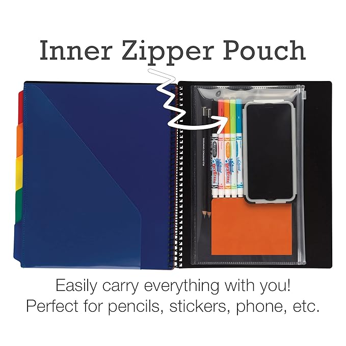 Samsill Spiral Folder Organizer (2-Pack)- 5 Dividers & 10 Pockets with Zipper Pouch, Multi Pocket Color Cordinated Folder Binder with Customizable Tabs, Document Organizer (Basic)