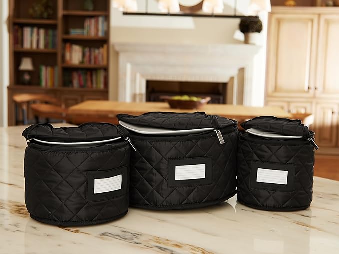 Covermates Keepsakes Dish Storage Set – Padded China & Dinnerware Storage Cases with Dividers, Cup & Stemware Storage, Quilted Polyester Protection, ID Window, Black