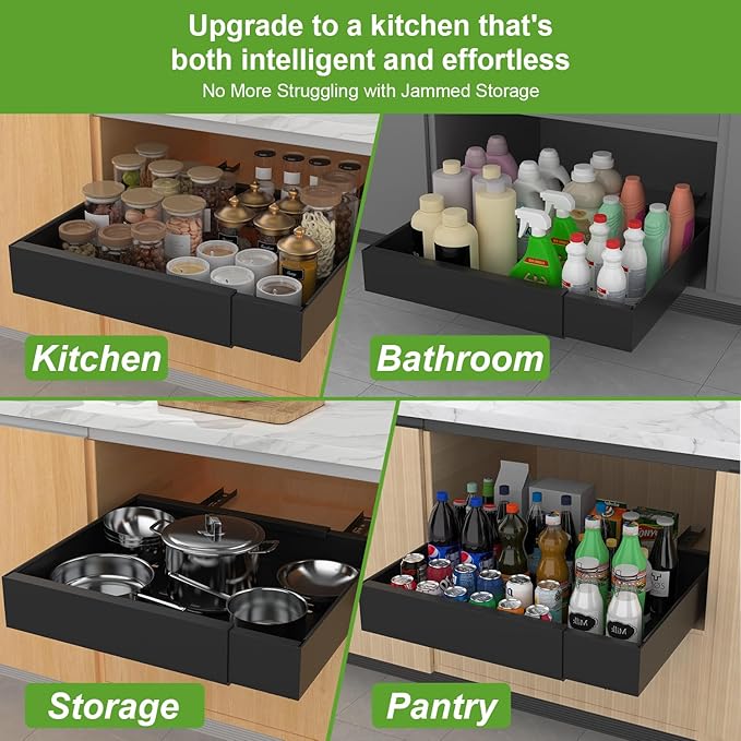 ANTOWIN 2-Pack Expandable Pull Out Cabinet Organizer 21"Deep(12.2"-20.5"W), 3 Full Extension Glides Slide Out Drawers, Roll Out Shelves Adhesive Raising Pad,Compatible Framed Cabinets,90lb Cap,Black