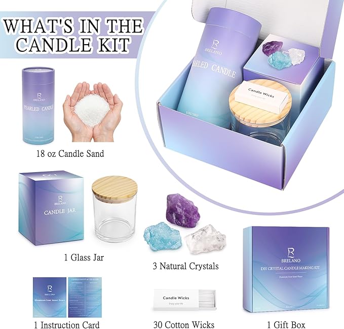 BRELANO Crystal Candle Making Kit – No-Melt Candle Sand, 18 oz Pearled Wax, 30 Cotton Wicks, 3 Natural Crystals & Refillable Glass Jar – DIY Candle Gift Set for Women & Home Decor
