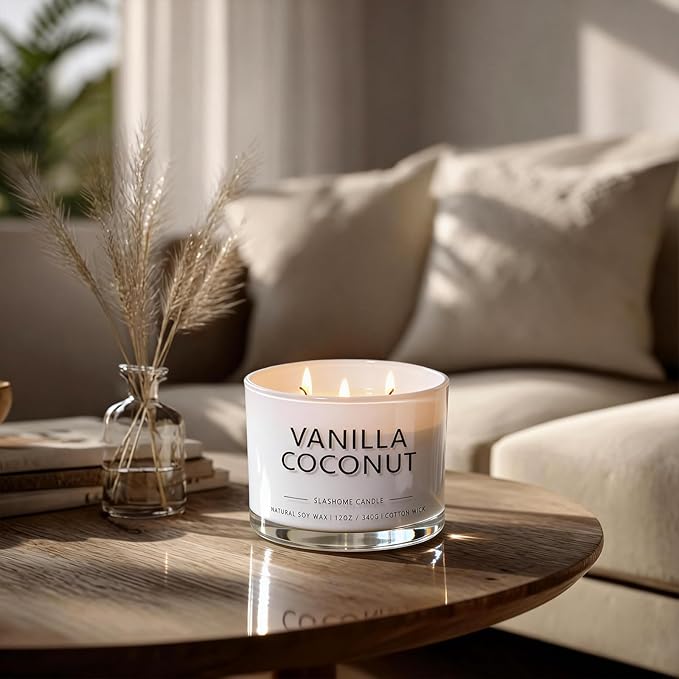 Vanilla Coconut Scented Candle, Luxury Large 3 Wick Soy Candle 12 Oz, 60+ Hour Long Lasting Clean Burn, Elegant Aromatherapy Home Decor, Valentine's Day & Housewarming & Birthday Gift for Men Women