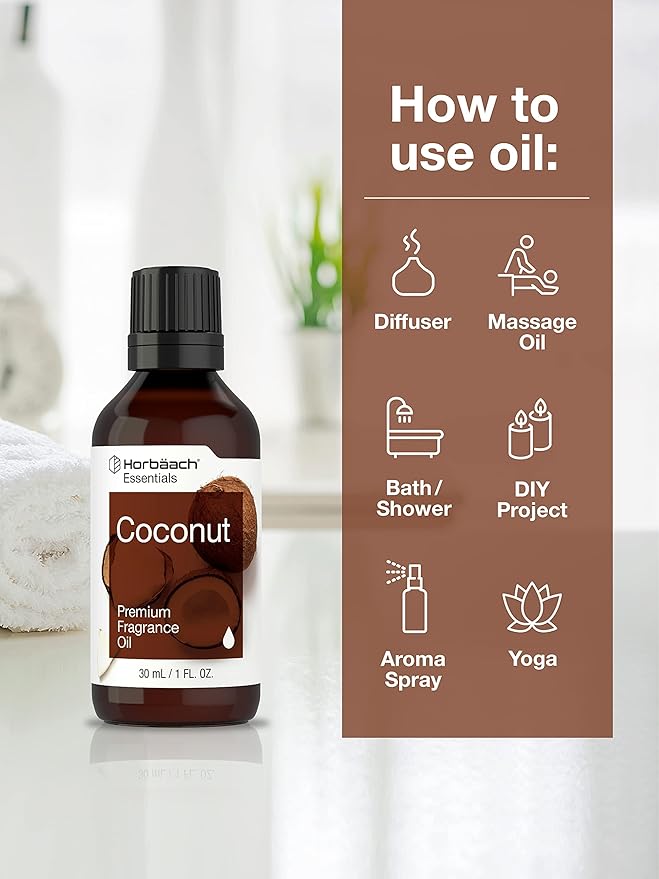 Horbäach Coconut Fragrance Oil | 1 fl oz (30ml) | Premium Grade | for Diffusers, Candle and Soap Making, DIY Projects & More