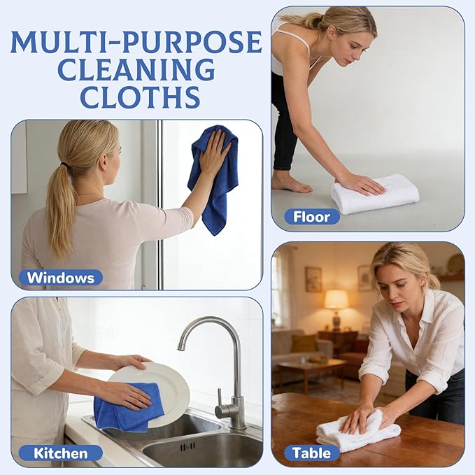 6 Pcs Extra Large Microfiber Cleaning Cloth Reusable Microfiber Towels Thick Washable Cleaning Towel for Home Office Windows Floors and Cars, 30 x 20 Inch (White + Blue)