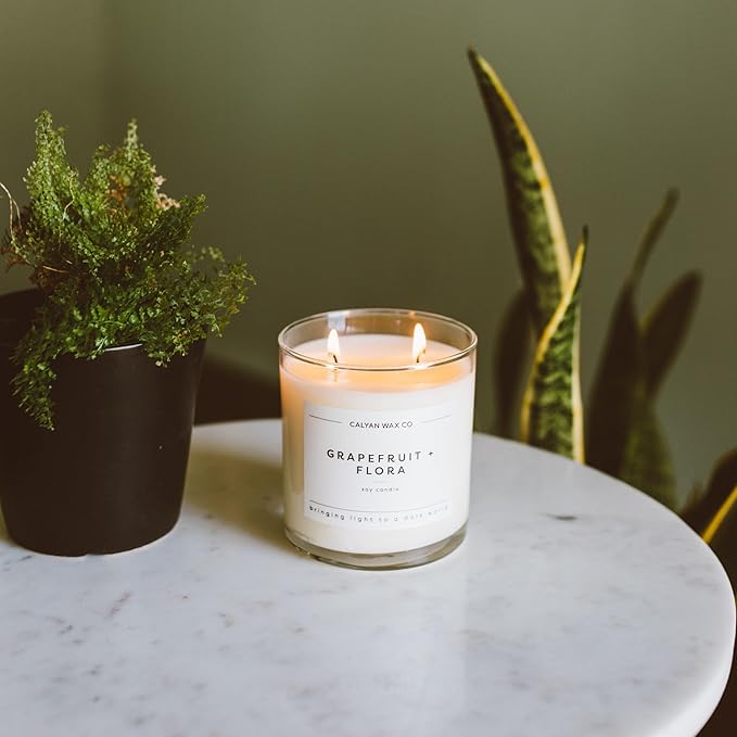 Calyan Wax Co. Grapefruit & Flora 2 Wick Scented Candle - 37 Hour Burn - Luxury Non Toxic Soy Wax Candles - Long Lasting Large Glass Jar Candle for Home - 8.8oz