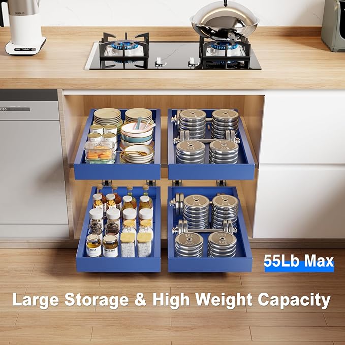 Mustorn 2 Pack Pull Out Cabinet Organizer,21.8" Deep Slide Out Drawer for Cabinets Adhesive Pull Out Drawers Heavy Duty Pull Out Shelves for Kitchen,Cupboard,Pantry,Bathroom-Blue