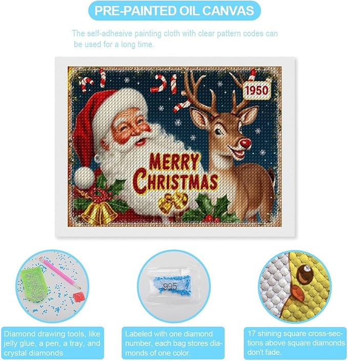 AIVKIEJK Diamond Painting Kits for Adults - Christmas 1950 Santa Claus and Deer Painting DIY 5D Full Drill Diamond Dots Paintings with Diamonds Gem Art and Crafts Home Decor 12"x16"
