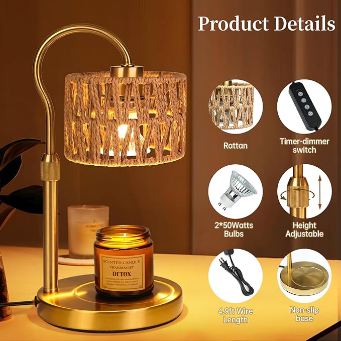 Candle Warmer Lamp,Adjustable Height with 2 Bulbs，Boho Rattan Candle Lamp with Dimmer & Timer, Flameless Fragrance Diffuser for Scented Wax Melts, Mothers Day and Birthday Gifts for Home, Office