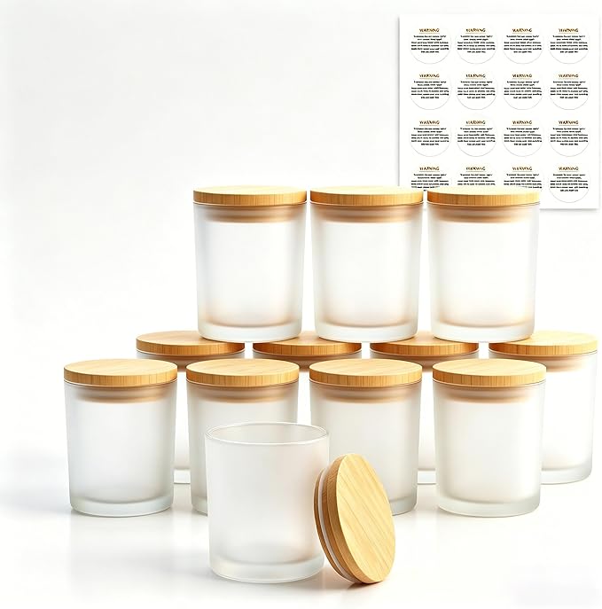 GLATABAM 7 OZ Candle Jars 12 Pack - Bulk Glass Candle Making Jars with Bamboo Lids & Labels, Heat Resistant Empty Reusable Candle Vessel for Containers(Frosted White)