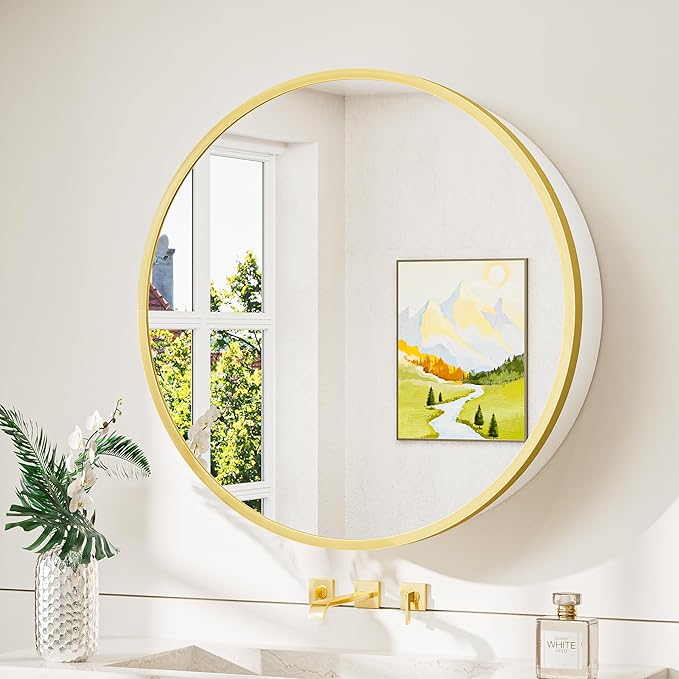 TokeShimi 26x26 Round Medicine Cabinet for Bathroom,Gold White Circle Medicine Cabinet with Mirror Shatterproof,Detachable Shelves,Wall Mounted Only