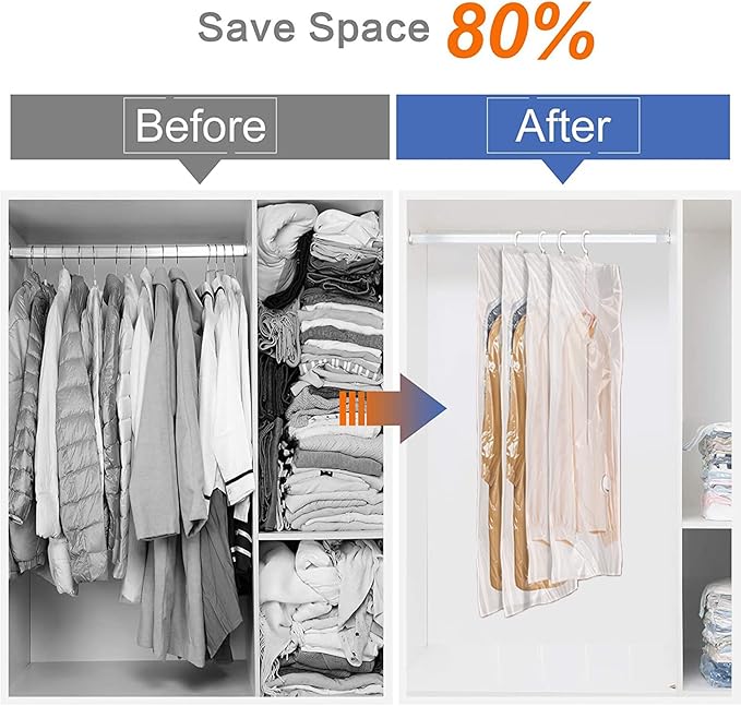 Flintronic Hanging Vacuum Storage Bags, 4pcs(2 Long 135x70CM & 2 Short 110x70CM) Vacuum Compression Zipper Storage Bags, Space Saver for Clothes, Suits, Dresses, Coats or Jackets