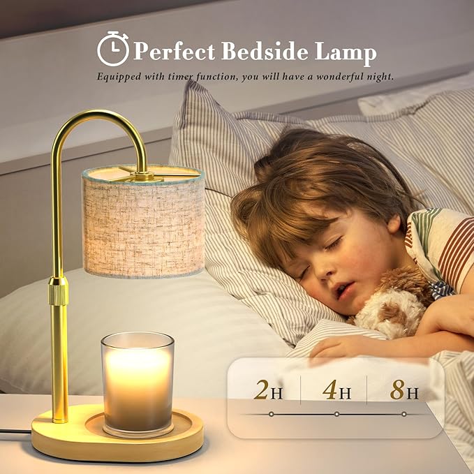 Gold Candle Warmer Lamp with Timer Dimmer, Height Adjustable Electric Candle Warmer Wax Heater with Wooden Base 2 Bulbs, Birthday Gifts for Women Her, Mom, House Warming Gifts New Home
