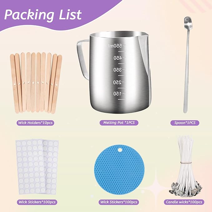 Blingfun Candle Making Wax Melter，600ml Melting Pot, 100pcs Candle Wicks, 100pcs Wick Stickers, 10pcs Wick Holders & Anti-Sway Mat, for Scented Candle Making and Wax Product Craft (Blue-C)