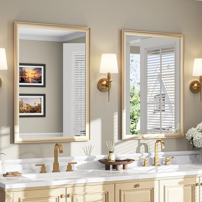 USHOWER 2 Pack Brushed Gold Bathroom Mirrors for Over Sink 24x36 Inch, Metal Framed Rectangle Vanity Mirror for Wall, Bedroom, Living Room, Entryway, Anti-Rust, HD Tempered Glass, Horizontal/Vertical