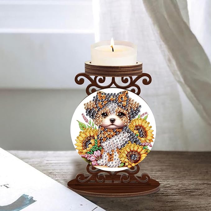 Diamond Art Painting Candlestick Holder kits, Sunflower Puppy DIY shaped crystal Diamond art painting, woodiness Candle holder for AromaRelax & Home Decor, Christmas Halloween Ornaments (Double-Sided)