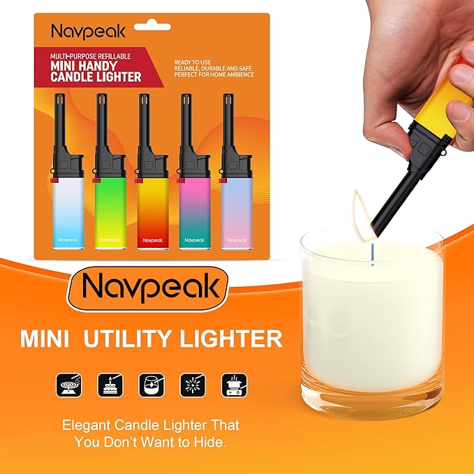 Navpeak Mini Candle Lighter Colorful Set Multipurpose Utility Lighters with Extended Wand Handy Gas Refillable for Kitchen Fireplace Pilot Light BBQ Grill Stove 5 Pack (Butane Included)