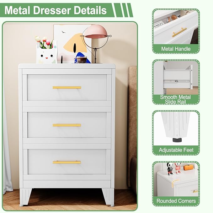 Ckzbx Metal Dresser Narrow Dresser for Bedroom Chest, 35.43" H Drawer Chest, Closet Dressers & Chests of Drawers for Living Room, Hallway (3 Drawers White 24inch Wide)