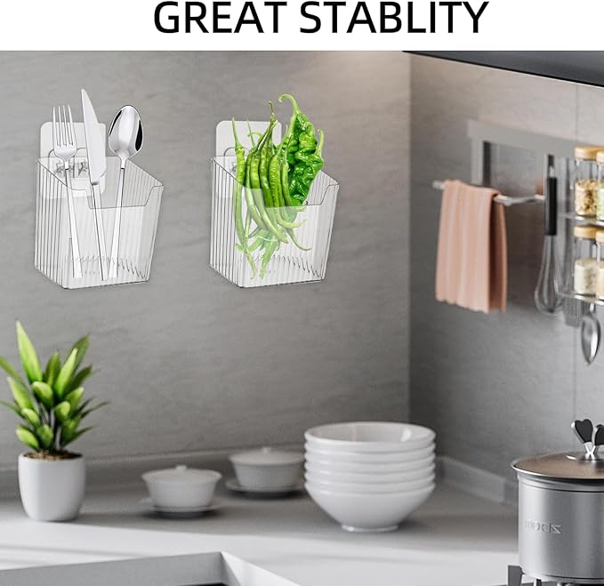 4 Pack Clear Adhesive Wall Mount Organizers, Stackable Cabinet Door Storages Baskets Bins Containers Multi-Purpose Wall-mounted Hanging Organization for Makeup,Kitchen,Bathroom