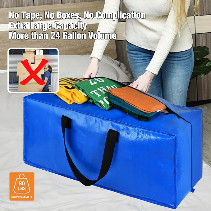 Heavy Duty Large Storage Bags, XL Blue Moving Bags for College Dorm Room Essentials, Moving Supplies Compatible with IKEA Frakta Cart, 4 Packs