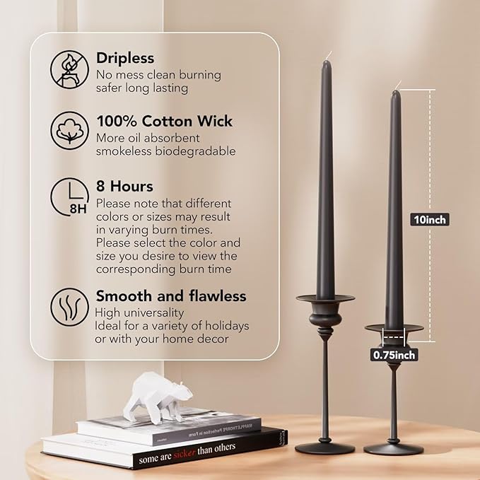 10-Inch Tall Dripless Taper Candles Set of 4 - Black Gray Tapered Candles, Perfect for Spring - Smokeless, Unscented, Long Burning - Hand Poured, Colored Tall Candlesticks - Dark Gray