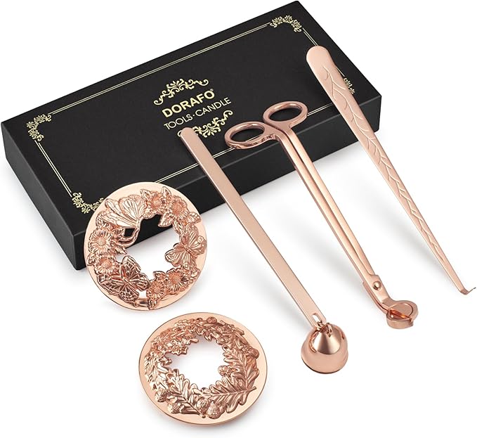 5 in 1 Candle Accessory Set Including Wick Trimmer、Candle Snuffer、Wick Dipper and Candle Toppers for Jar Candles to Burn Evenly for Candle Care Tools - Rose Gold