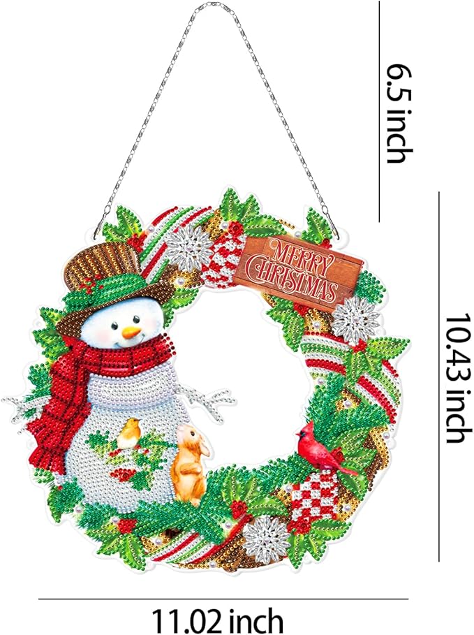 Crystal Painting Snowman Wreath with LED Lights String DIY 5D Diamond Art Painting Christmas Wreaths Hanging Pendant Special Shaped Diamond Gem by Number Stitch Kits for Outdoor Porch Home Wall Decor
