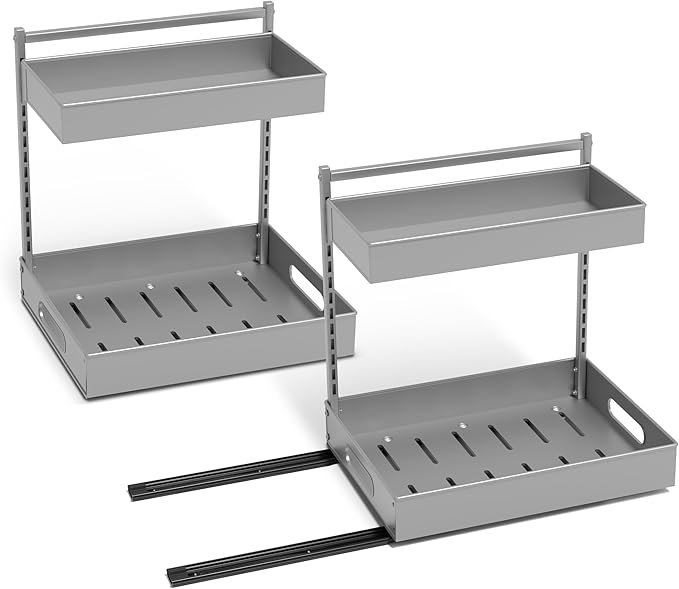 Sorbus Under Sink Organizer with Sliding Tracks – Pull Out Cabinet Organizer with Drawer & Installation Rails – Under Cabinet Bathroom Storage Organizer for Kitchen, Pantry, or Vanity –Silver 2 Pack