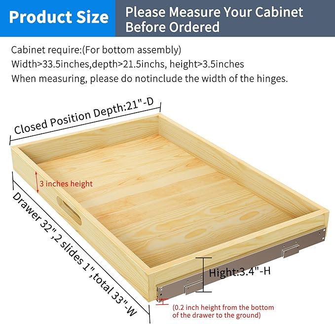2 Set Pull Out Cabinet Organizer, Soft Close Slide Out Wood Drawer Storage Shelves for Kitchen, Base Cabinet Organization for Pantry, Finished, Heavy-Duty, Bottom Assembly (33” W x 21” D)