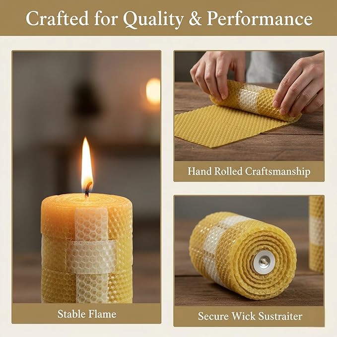 Hand Rolled Beeswax Pillar Candles 2 Packs, Non Toxic Beeswax Candles-70 Hours Long Burning, Organic Emergency Bees Wax Candles for Home, Paryer, Parties, Unscented Dripless Smokeless Candles, 2x4in