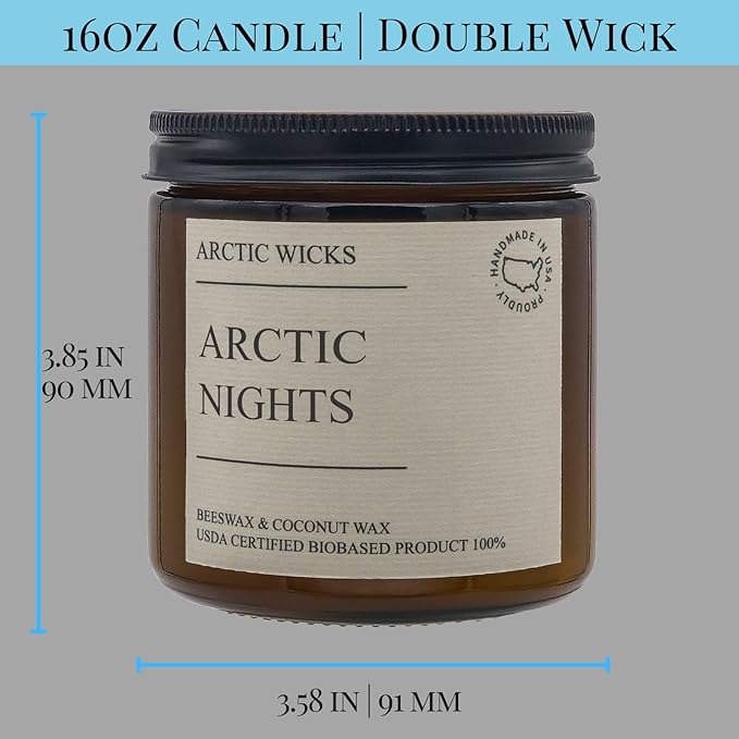 Arctic Wicks Handcrafted Candles | Non Toxic Coconut Beeswax Candles 16oz Double Wick | 100% USDA Certified Biobased, Handmade, Premium Waxes, Non-Toxic (Arctic Nights, 16oz Amber Jar)