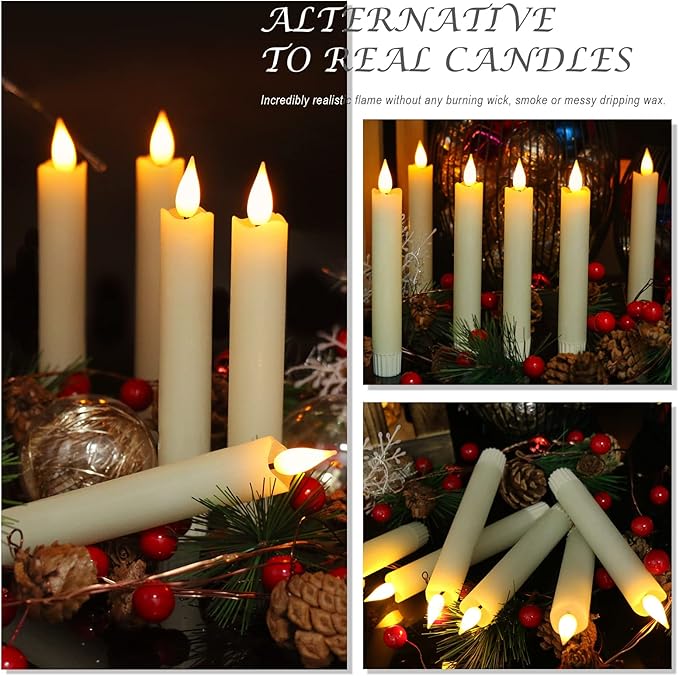PChero Flameless Flickering Taper Candles with Remote Timer and Dimmer, 6.4 Inch Real Wax Ivory LED Candlesticks Battery Operated for Halloween Christmas Home Wedding Decor