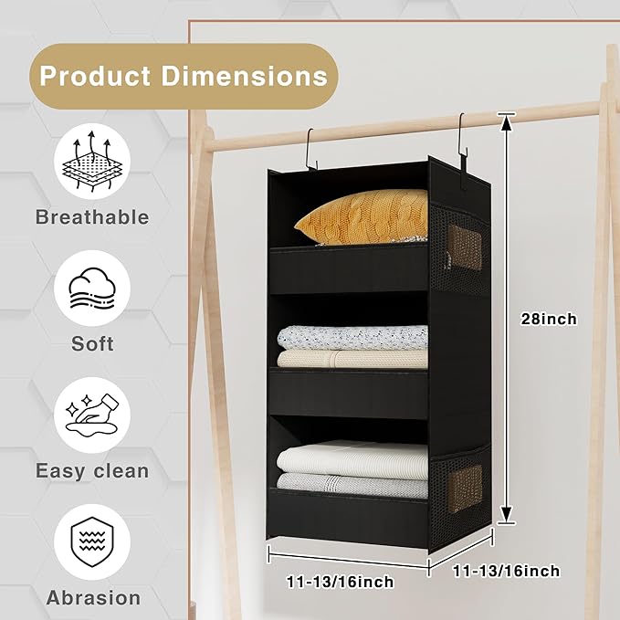 3-Shelf Hanging Closet Organizer and Storage, Foldable Hanging Closet Shelves Front Lip Design Washable Hanging Storage, Black
