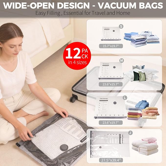12 Pack Vacuum Storage Bags with Rechargeable Electric Air Pump (3J+3L+3M+3S), Space Saver Vacuum Sealer Bags for Clothing, Blankets, Bedding, Comforters and Pillows