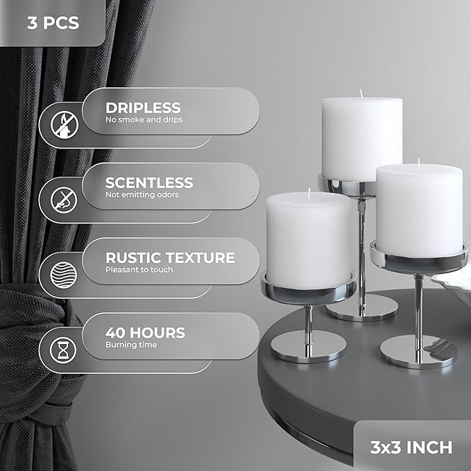 CANDWAX 3x3 Pillar Candles Set of 3 - Rustic Unscented No Drip White Candles for Home Decor, Weddings, Centerpieces
