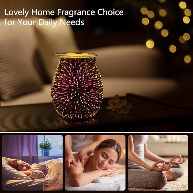EQUSUPRO 3D Glass Electric Wax Melts Warmer Wax Burner Melter Fragrance Warmer for Home Office Bedroom Living Room Gifts & Decor (3D Fireworks)