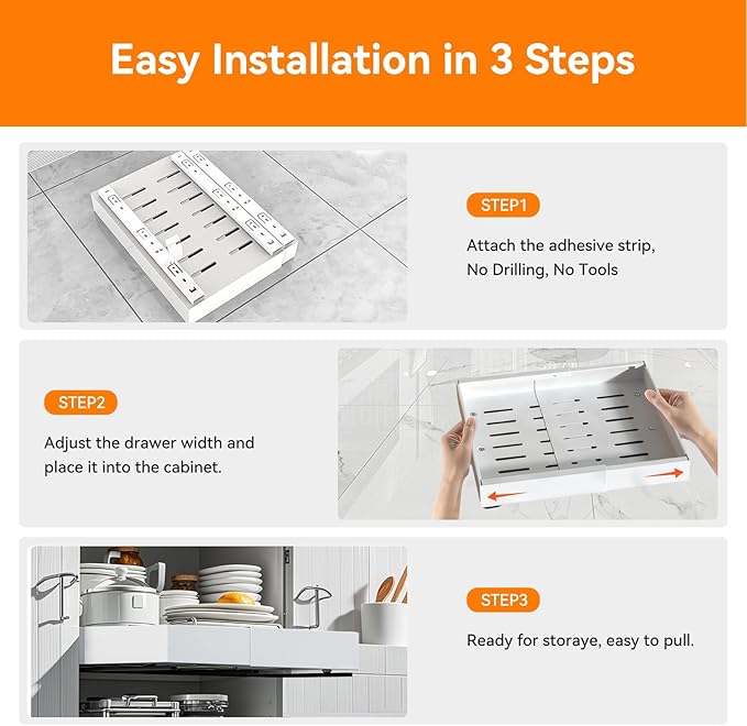 2 Pack 21'' Deep Pull Out Cabinet Organizer Expandable Width (12.6'' to 21'') Slide Out Drawers Pull Out Drawers Fixed with Adhesive Nano Film or Nail for Kitchen Bathroom Organization, White