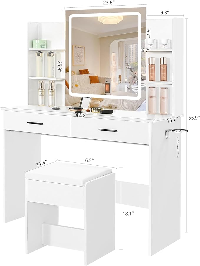 YIKEHOME Makeup Vanity Desk with Mirror and Lights, Makeup Table with 2 Large Drawers, 3 Color Modes Adjustable Bulb, Power Outlet and Round Holder, Dressing Table for Women Girls Bedroom