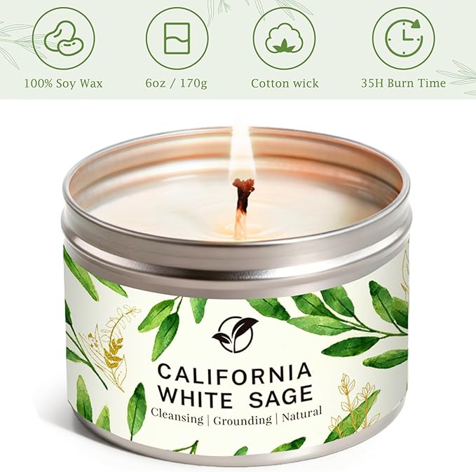 Sage Candle Gift Set, 6-Pack 6oz Natural Soy Wax Candles - Smokeless Clean Burn, Lead-Free Cotton Wicks, Calming Aromatherapy for Housewarming Spring Gifts for Women