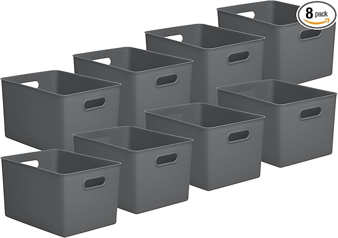Superio Decorative Plastic Basket Open Home Storage Bins Organizer Baskets, X-Large Grey (8 Pack) Container Boxes for Organizing Closet Storage Bins for Shelves Drawer Shelf 22 Liter/23 Quart