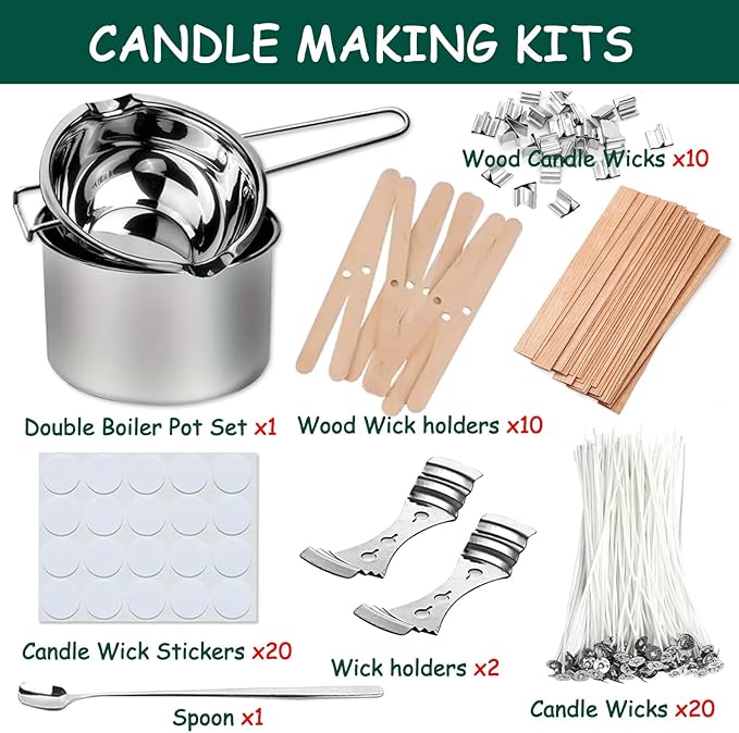 DIY Candle Making Supplies Kits for Adults Beginners, Including Double Boiler Pot, Candle Wicks, Wick Holder, Wick Stickers, Spoon