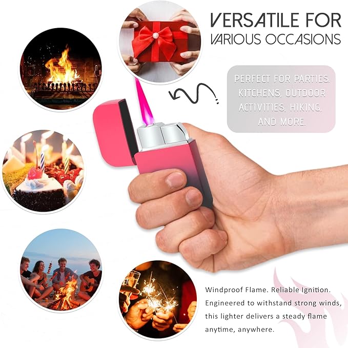 Torch Windproof Pink Flame Lighter Cute Glittery Refillable Butane Pocket Pink Lighter for Women Daily Use, Birthdays, Anniversary,Camping,Candle (Butane Not Included) (Purple&Pink) (Purple&Pink)