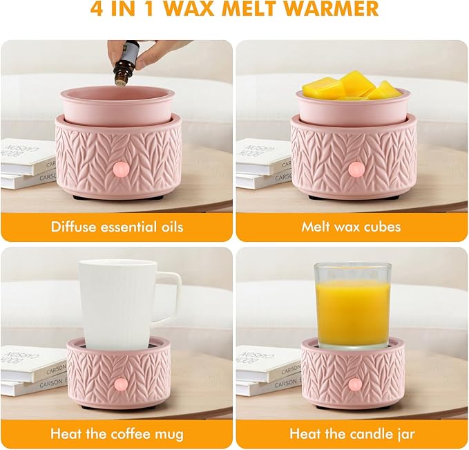 EQUSUPRO Wax Melt Warmer for Scented Wax - 4-in-1 Electric Ceramic Candle Wax Warmer Fragrance Wax Burner Melter for Home Office Decor & Gift for Women (Pink Leaf)