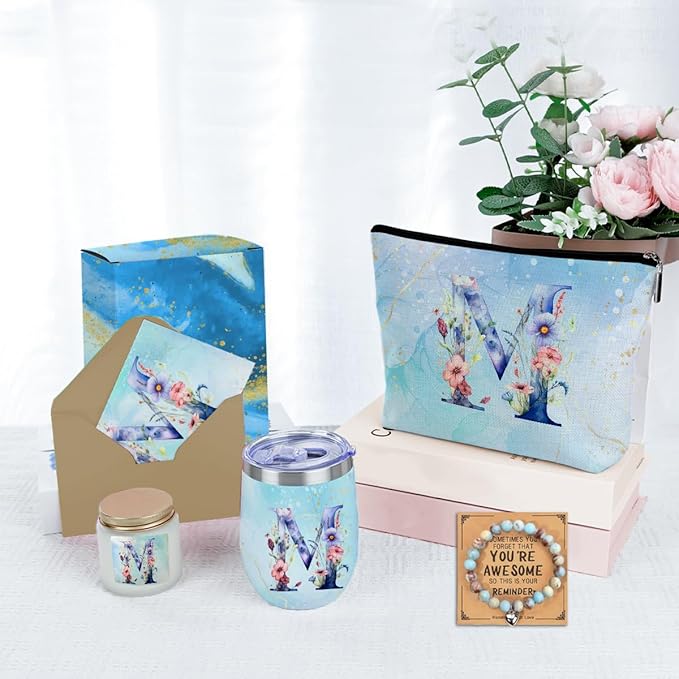 Personalized Gifts Monogrammed Birthday Gifts for Women, Her, Teacher Mother in Law Wedding Christmas Initial Wine Tumbler Makeup Bag Scented Candle Bracelet Set, (Aesthetic Blue Flower M)