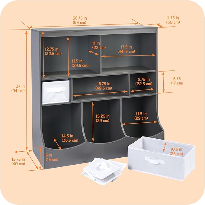 Badger Basket Combo Bin Toy Storage Unit and Book Shelf for Kids with 3 Baskets - Dark Gray
