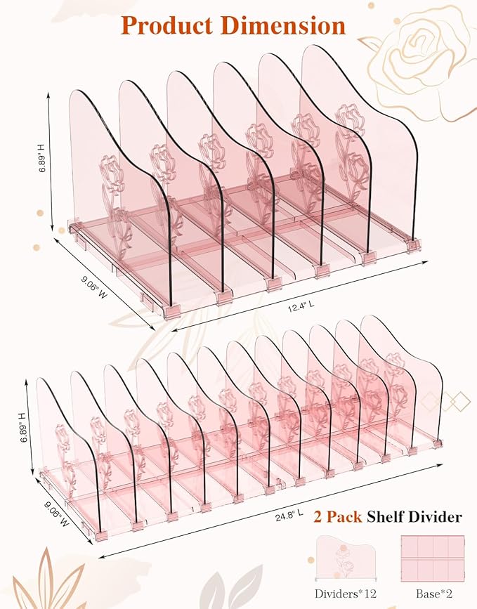 Adjustable Rose File Organizer for Desk, Vertical File Folder Holders for Magazines, Upright Desktop Binder Organizer, Clear Paper Bookshelf Divider File Sorter for School Office Supplies