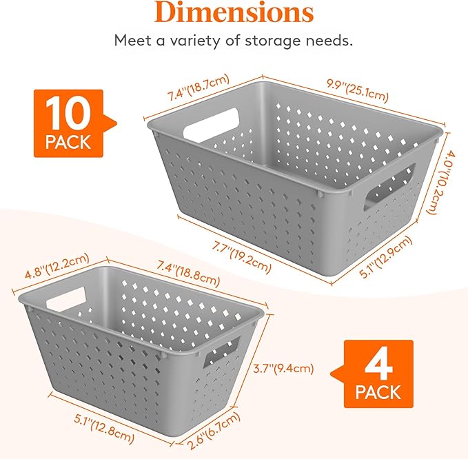 Lifewit Plastic Storage Basket for Organizing, 14 Pack Stackable Open Containers, Multi Size Storage Bins for Shelving, Pantry, Office and Cabinet, 10 Large and 4 Small Size, Gray
