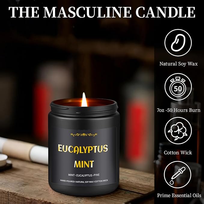 Eucalyptus Mint Candle, 7 oz Scented Candle for Men, Soy Candles for Home Scented, Masculine Jar Candle for Him, 50 Hours Burning Time Mens Candle Gift for Boyfriend, Father, Birthday Present Giving