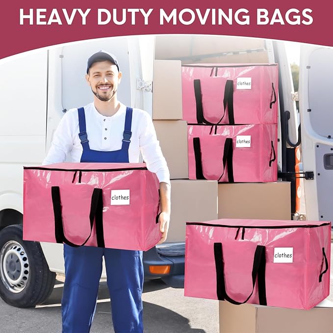 2-Pack Extra-Large Heavy-Duty Storage Totes with Reinforced Handles, Durable Zippers & Waterproof Material — Perfect for Space-Saving, Moving, Shipping and Travel (Pink)
