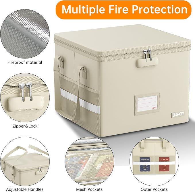 ENGPOW 5200°F File Box Fireproof Document Box with Lock,Heat Insulated Collapsible File Storage Organizer Box with Handle,Portable Home Office File Cabinet for Hanging Letter/Legal Size Folder, Beige