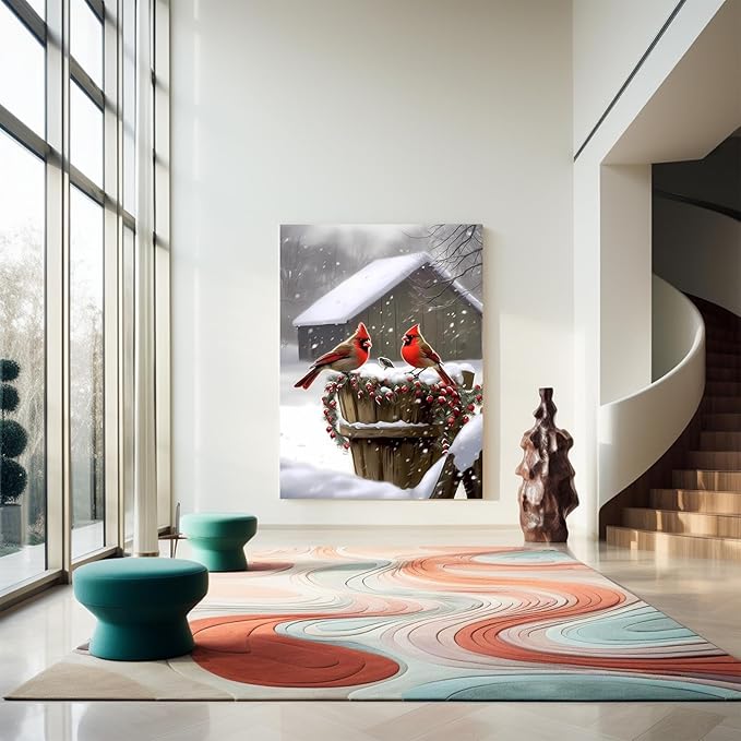 GUAIEUW Snow Lodge Redbird Diamond Painting Kit for Adults, Full Round Diamond Cardinal Bird 5D Diamond Painting DIY Art Crafts for Winter Home Wall Decor Holiday Gift 18x24 Inch
