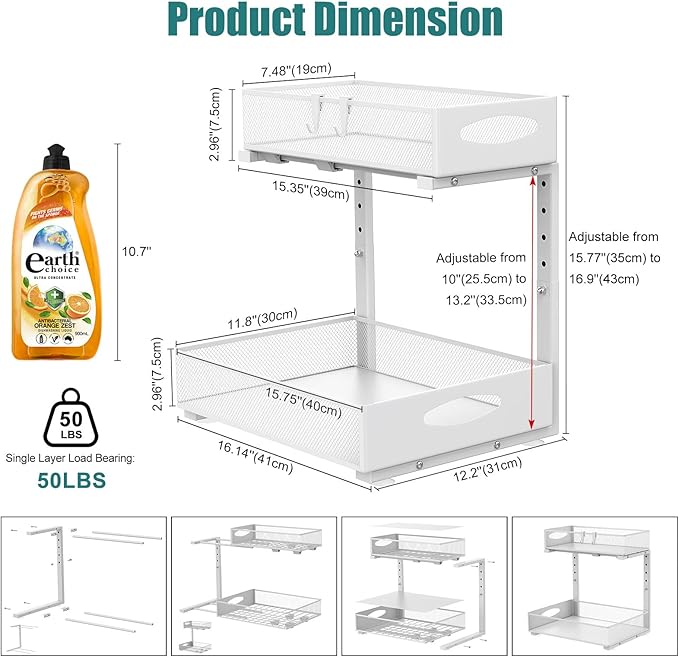 Housolution 2 Pack Large Under Sink Organizer, 2 Tier Metal Pull Out Under Sink Storage with Sliding Mesh Drawers, Height Adjustable Slide Out Under Cabinet Organizer for Kitchen Bathroom, White